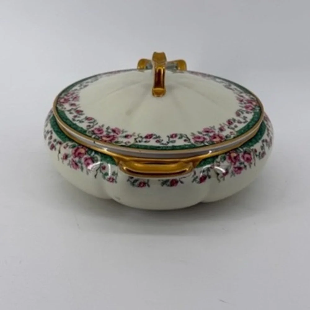 Haviland Limoges France Covered Vegetable Dish Pink Roses Green Gold 34520